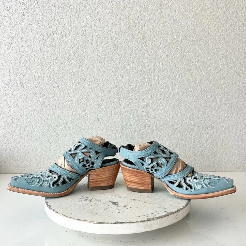Lane Robin Slingback Mule Cowboy Boots Womens 5 Blue Cowgirl Western Short Ankle